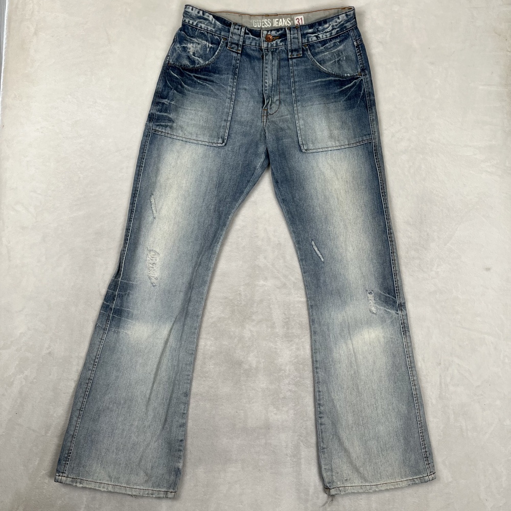 Vintage Guess Jeans Mens 31x34 Blue Bootcut Straight Denim Light Wash Distressed